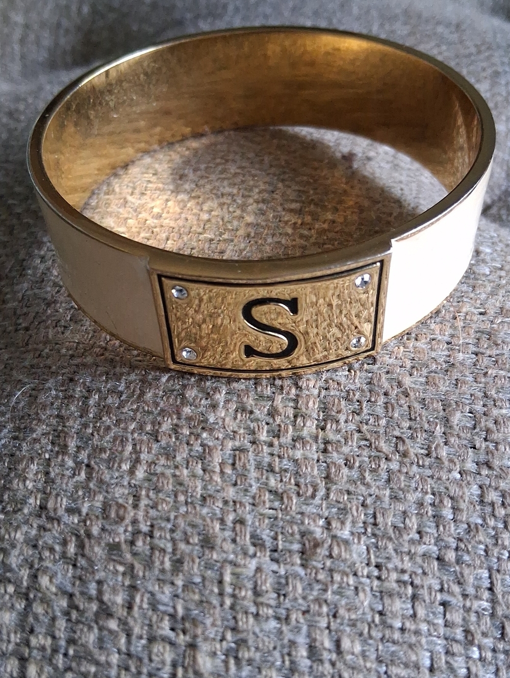 Gold-Tone Ivory Enamel Monogram 'S' Bangle Bracelet